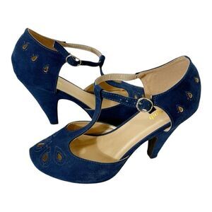 ModCloth Women’s T Strap Blue Faux Suede Vintage Inspired Retro Pumps Size 9 W